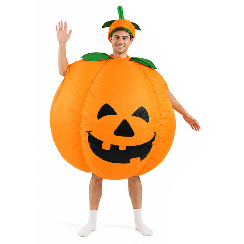 Front view highlights the pumpkin costume's carved-face print, green leaf collar and pumpkin hat.