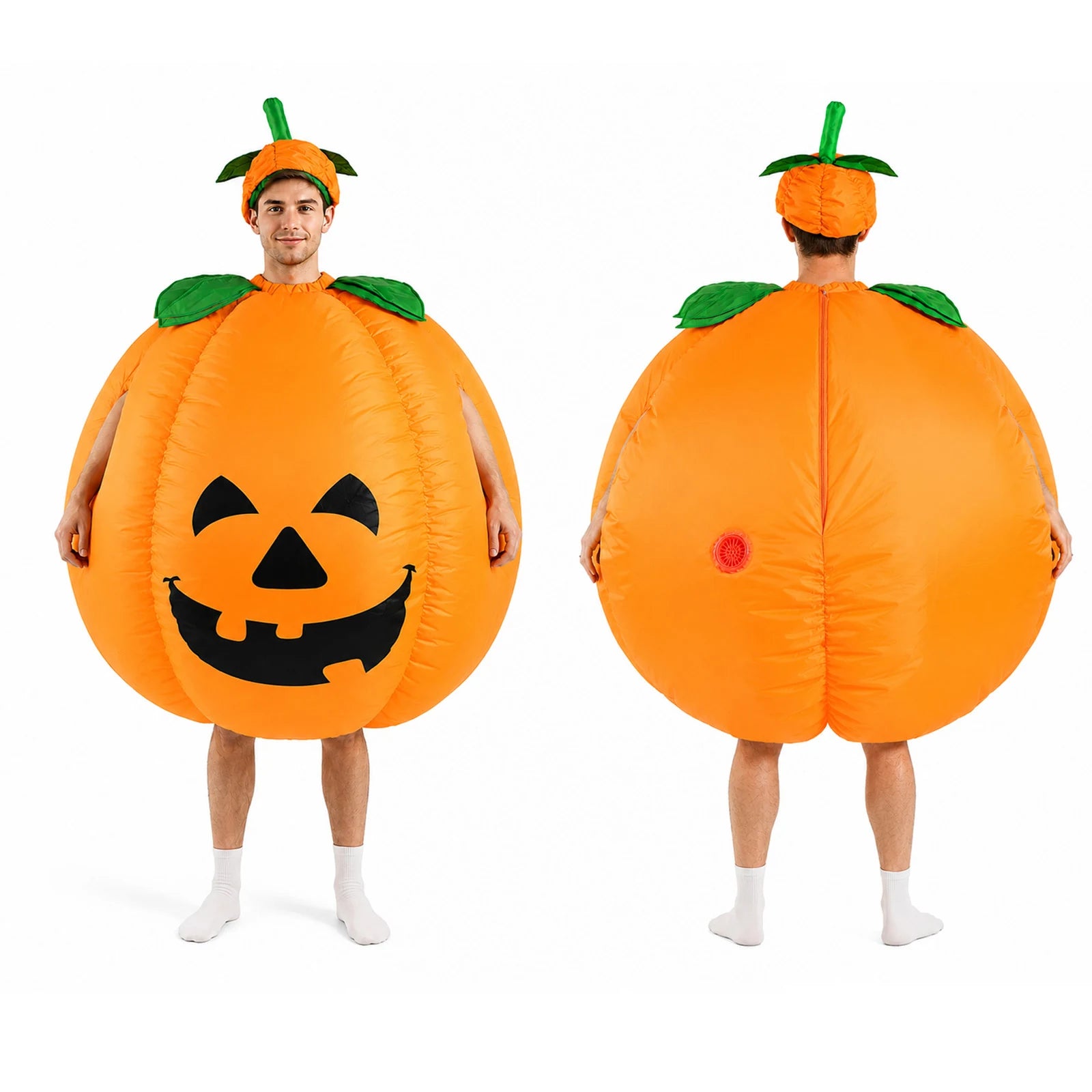 Front, side and rear comparisons display the pumpkin costume's full rounded silhouette while worn.