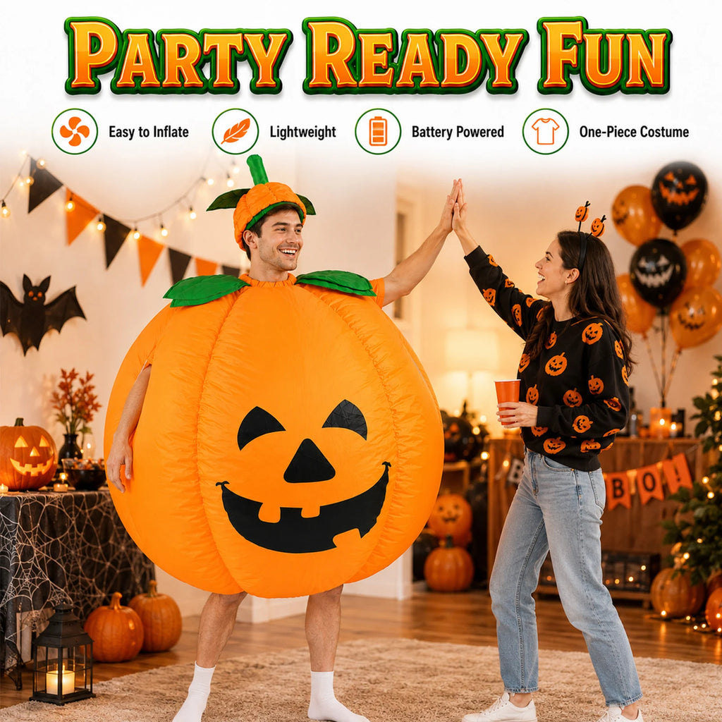An adult wears the inflatable pumpkin costume with matching hat during a Halloween celebration.