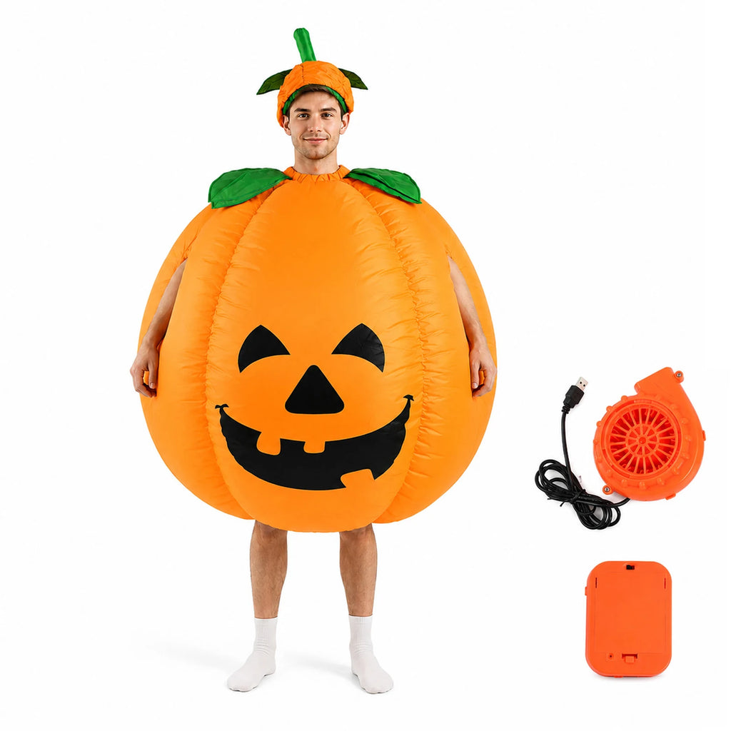 An adult wears the inflatable pumpkin costume with smiling jack-o'-lantern face and matching hat.