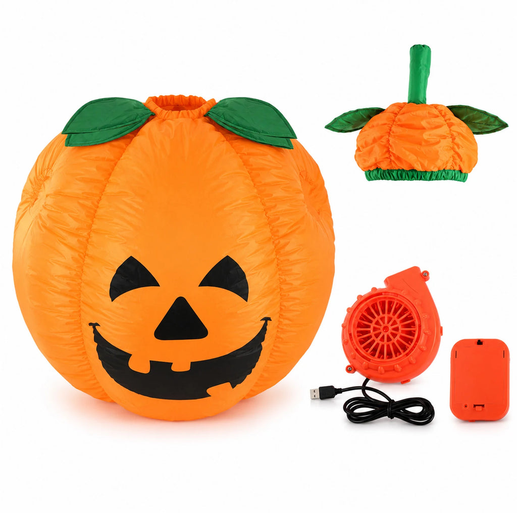 Side and rear views show the rounded pumpkin body, leaf collar and back zipper placement.