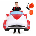 Adult wearing the red and white inflatable race car costume with power parts