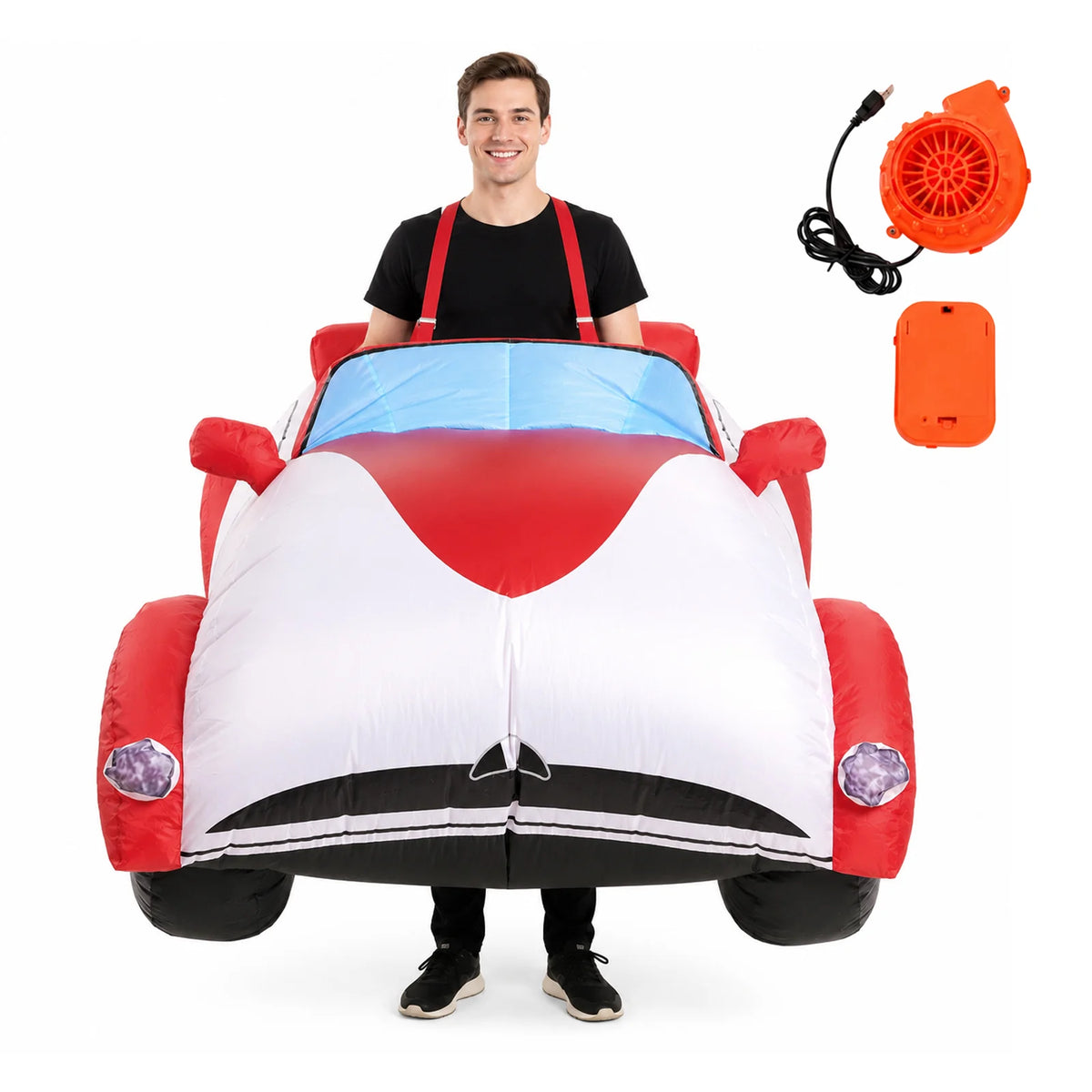 Adult wearing the red and white inflatable race car costume with power parts