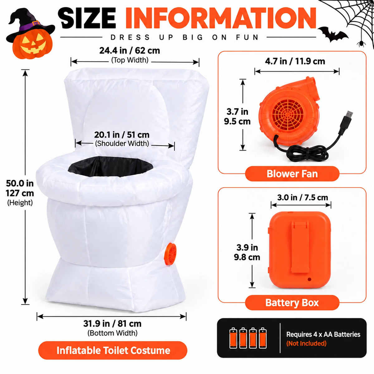 Toilet costume dimension graphic labels the costume fan and battery box sizes and states four AA batteries are not included.