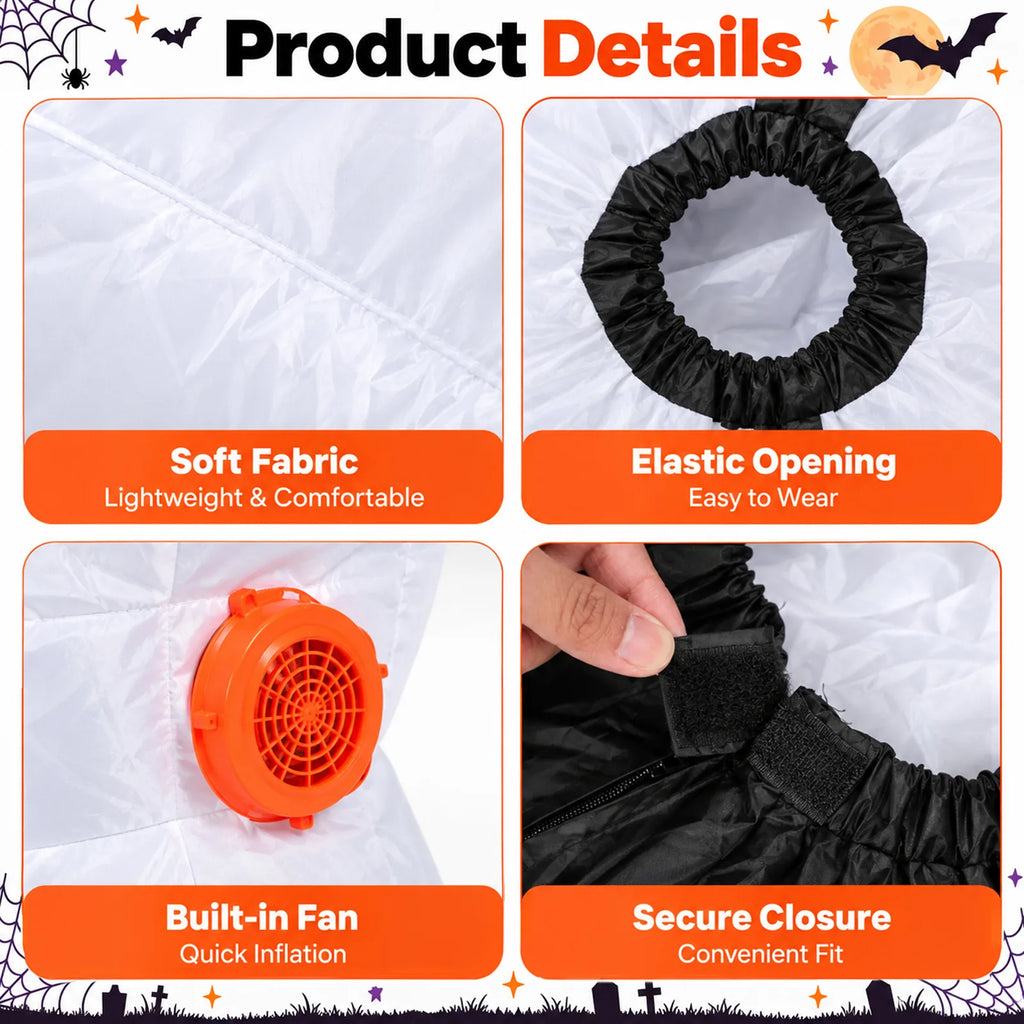 Detail panels label Soft Fabric Elastic Opening Built-in Fan and Secure Closure on the white inflatable toilet costume.