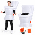 Adult wearing a white inflatable toilet costume beside the separate costume with its orange blower fan and battery box.