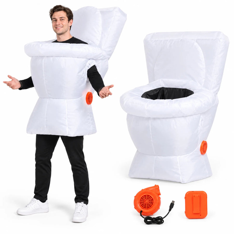 Adult wearing a white inflatable toilet costume beside the separate costume with its orange blower fan and battery box.