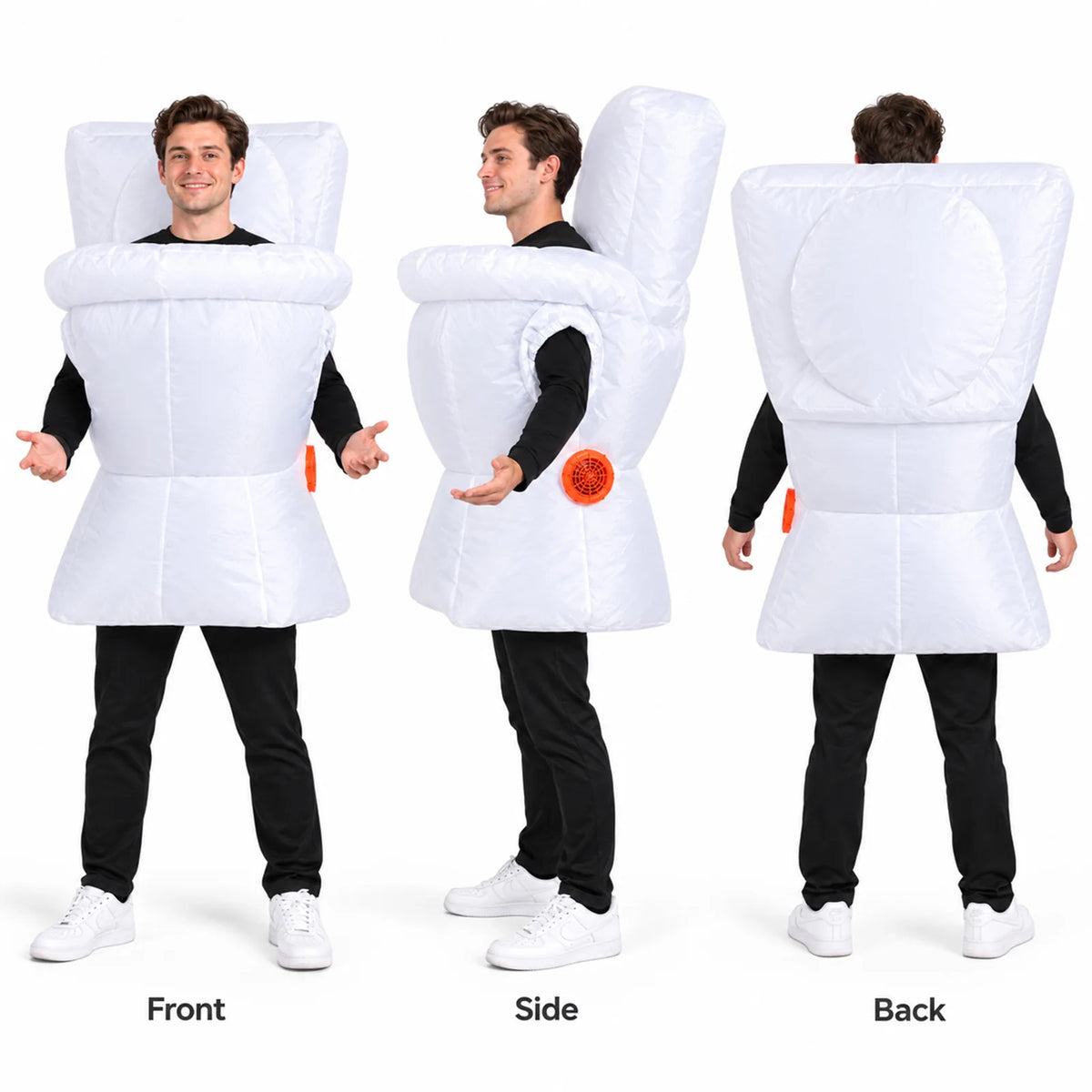 Front side and back views show an adult wearing the white inflatable toilet costume over separate black clothing.