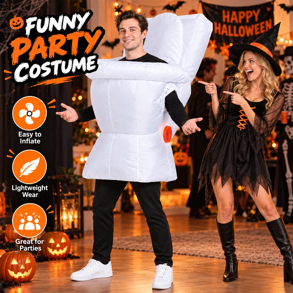 Adult in an inflatable toilet costume stands at a Halloween party beside printed Easy to Inflate Lightweight Wear and Great for Parties labels.