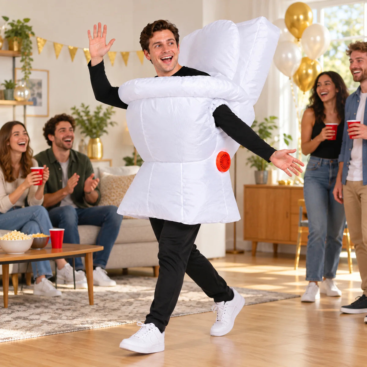 Adult wearing a white inflatable toilet costume waves at guests in a home party scene with drinks and decorations.