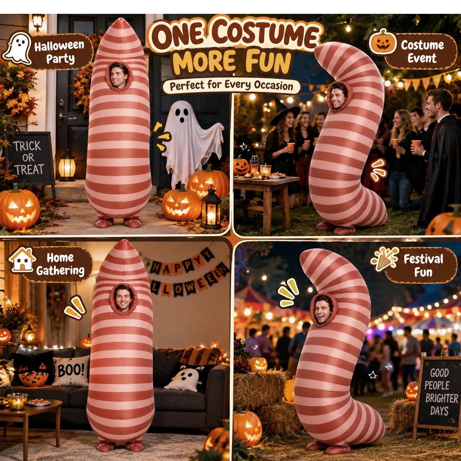 The inflatable worm costume is presented for festivals, Halloween parties and garden-themed events.