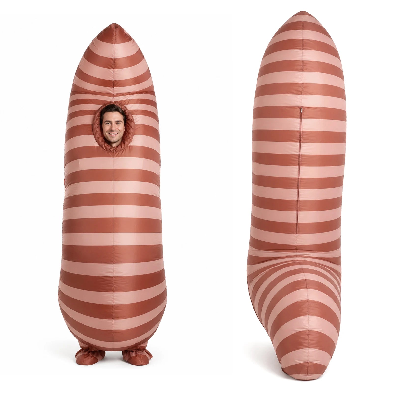 Front, side and rear comparisons display the inflatable worm costume's dramatic full height.