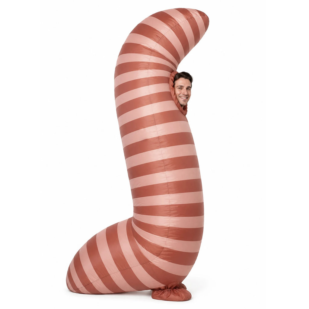 Front view highlights the inflatable worm costume's smiling head, round eyes and tall striped body.