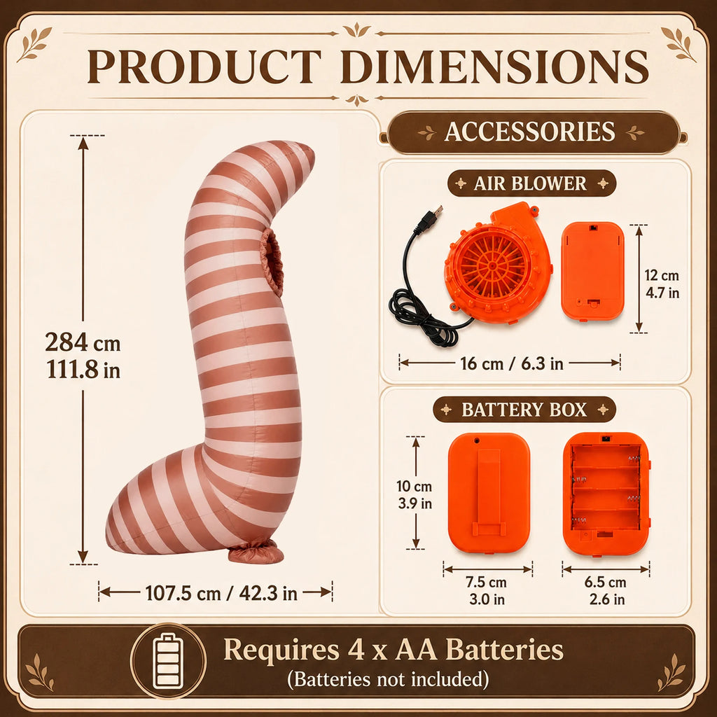 Worm costume height and base width appear beside the included USB blower and battery box.