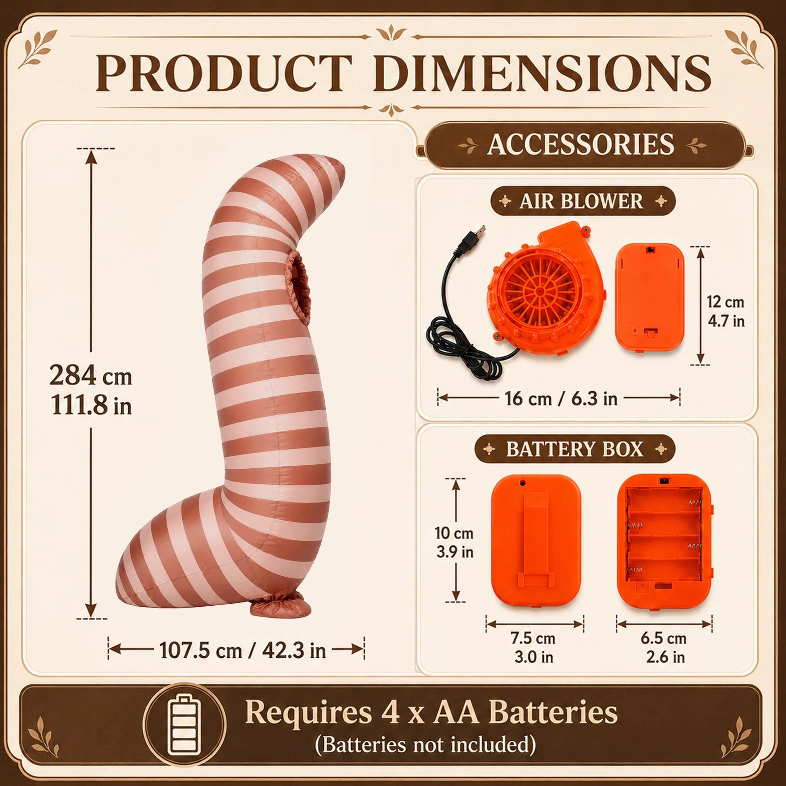 Worm costume height and base width appear beside the included USB blower and battery box.