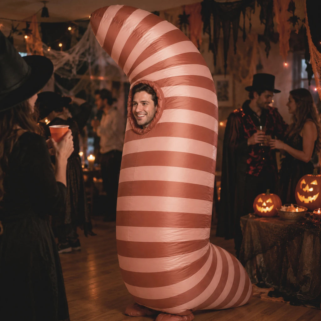 An adult wears the towering green inflatable worm costume at a playful Halloween home gathering.