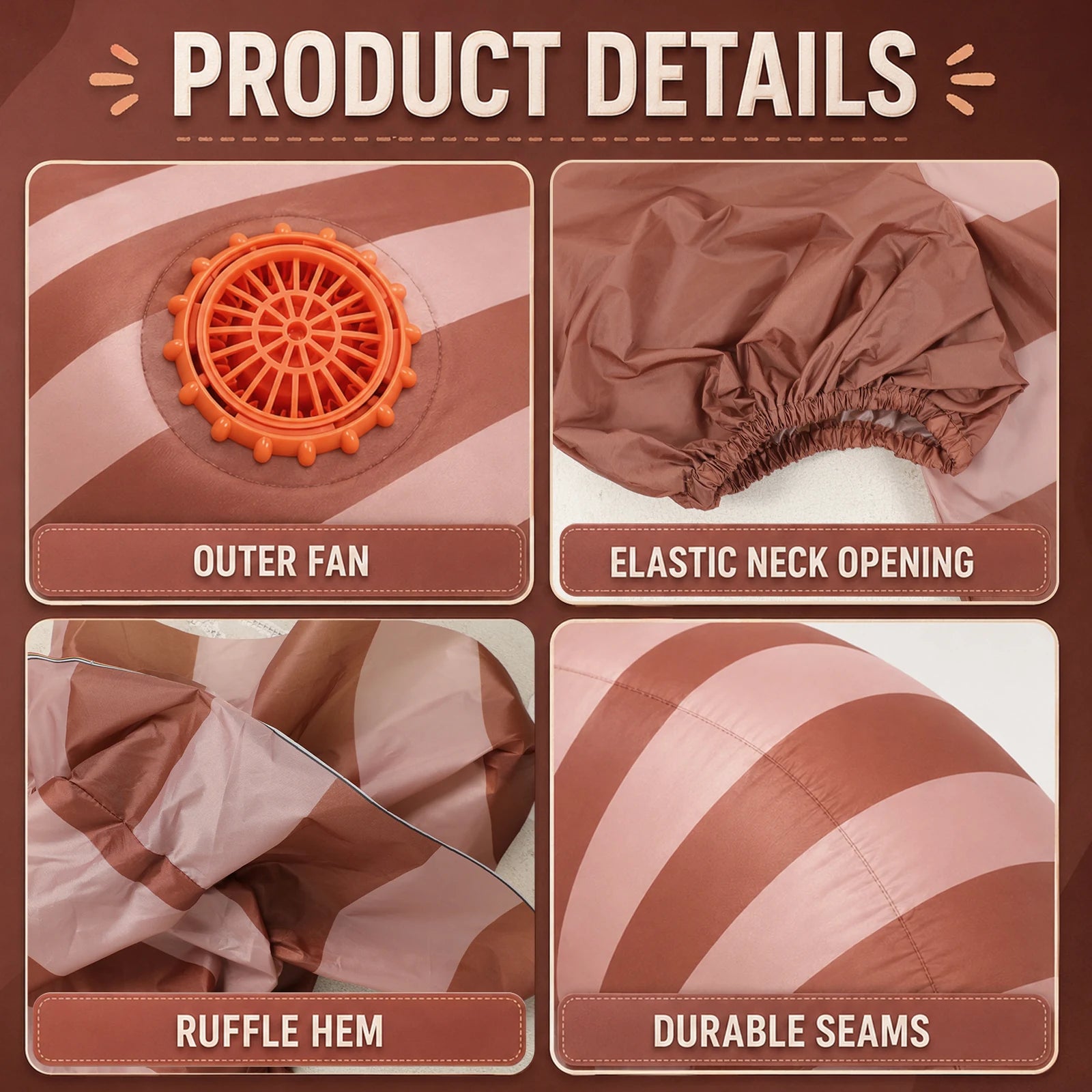 Close-ups show the worm costume's outer fan, elastic neck opening, ruffled hem and reinforced seams.