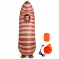 An adult wears the extra-tall green inflatable worm costume with stacked segmented body sections.