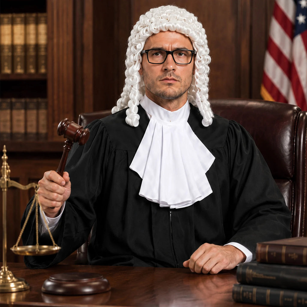 An adult wearing the judge costume sits at a desk holding the gavel.