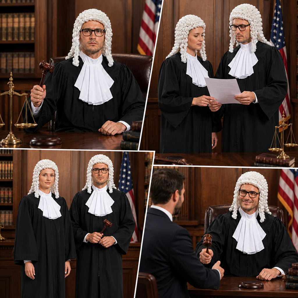The judge costume appears in a collage of courtroom and group role-play scenes.