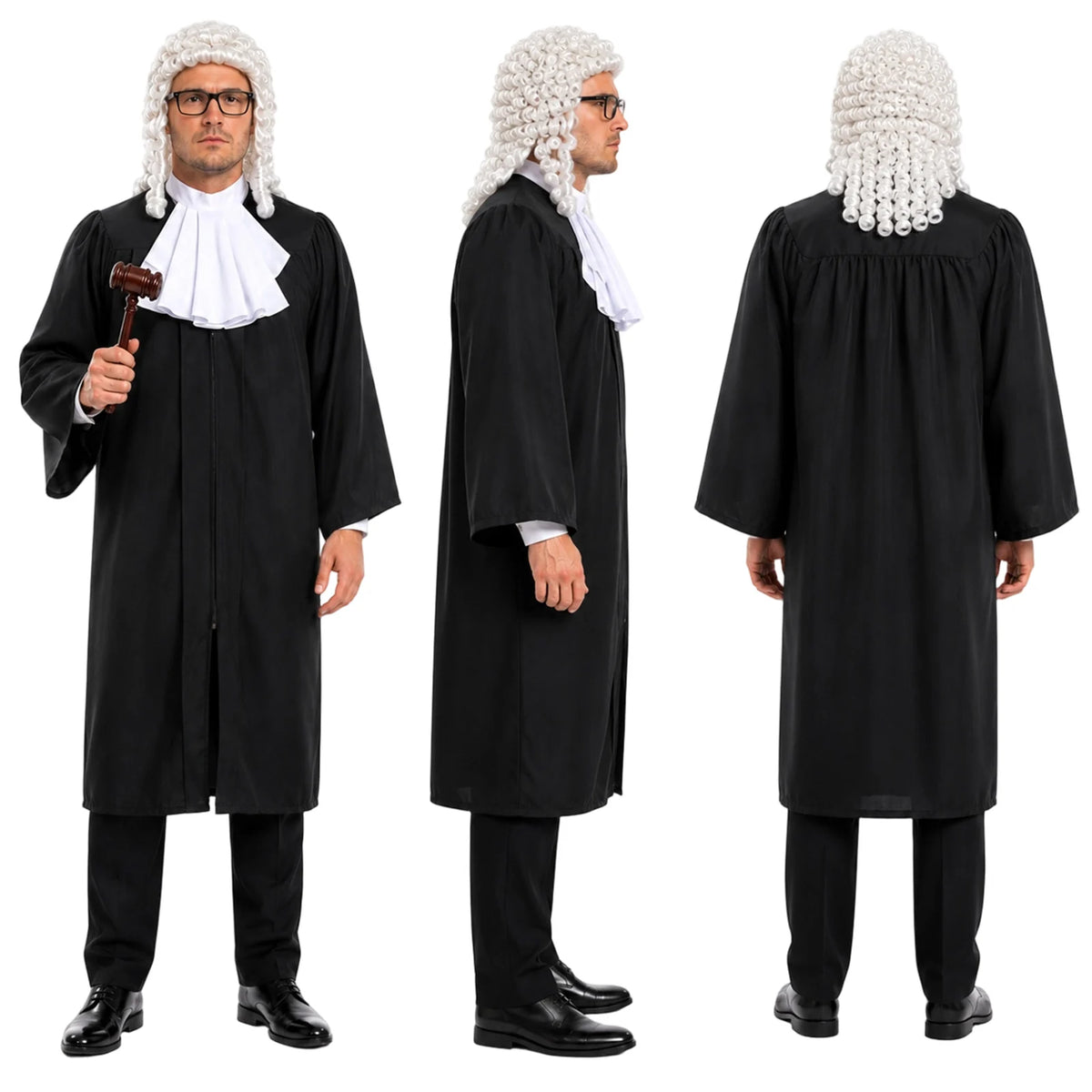 The black judge robe and curled white wig are shown from the front, side and back.