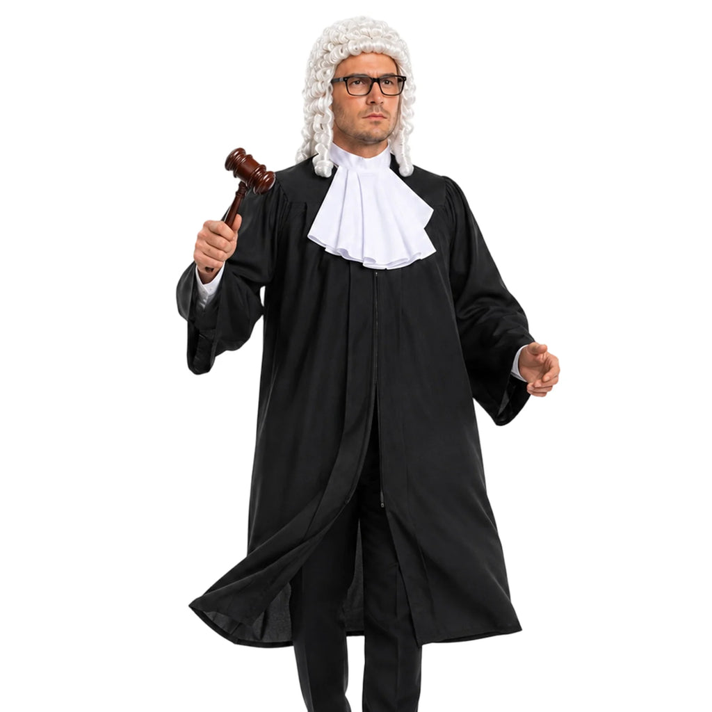 An adult poses in the black judge robe with white collar, curled wig and gavel.