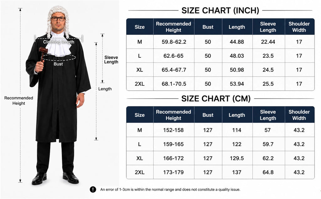 The judge costume size chart lists robe measurements for M, L, XL and 2XL.