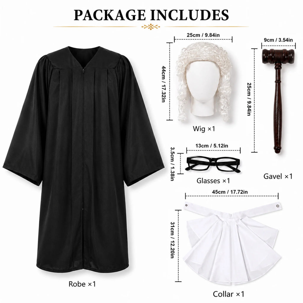 The judge costume package graphic lists five pieces and the external accessory dimensions.