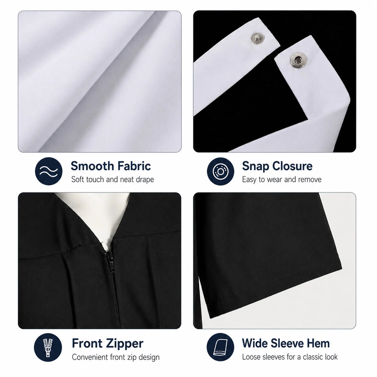 The judge robe detail panel shows the fabric, collar snaps, front zipper and wide sleeve hem.