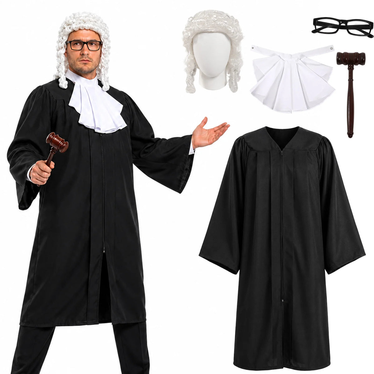 An adult holds one arm out beside the separate judge costume pieces.