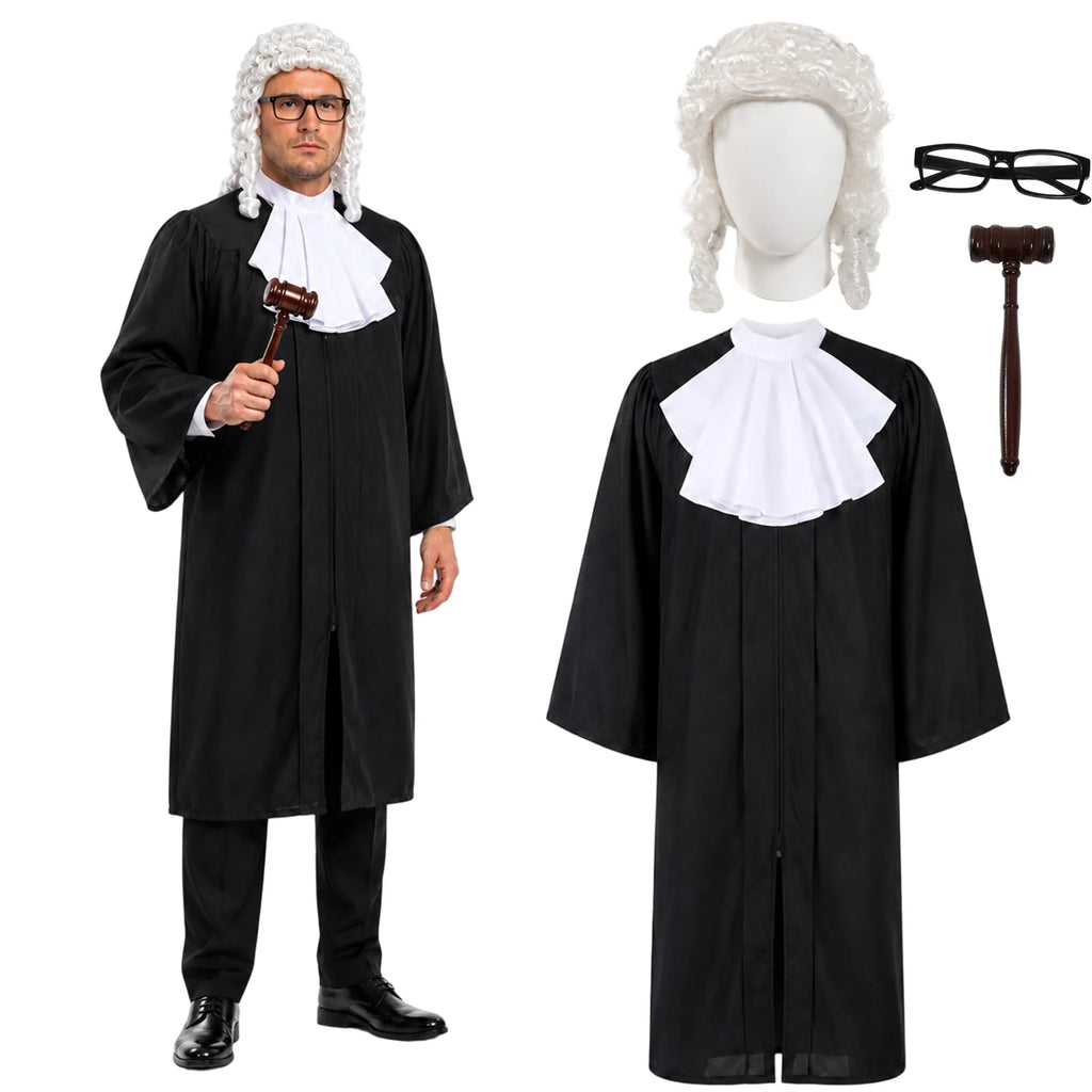 An adult wears the judge costume beside its robe, white collar, wig, glasses and gavel.
