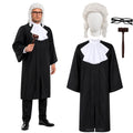 An adult wears the judge costume beside its robe, white collar, wig, glasses and gavel.