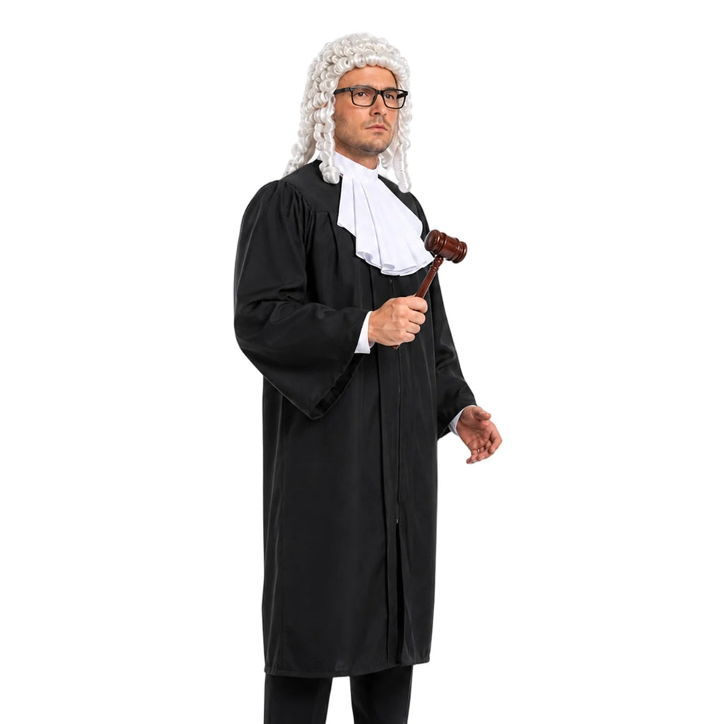 The judge costume is shown in a turned standing pose with the gavel raised.