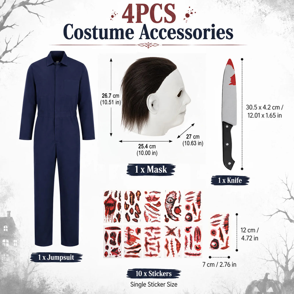 Michael Myers-inspired smooth white mask costume set with knife and sticker dimensions.