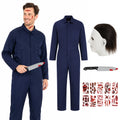 Adult Michael Myers-inspired costume set with navy coveralls and smooth white mask.