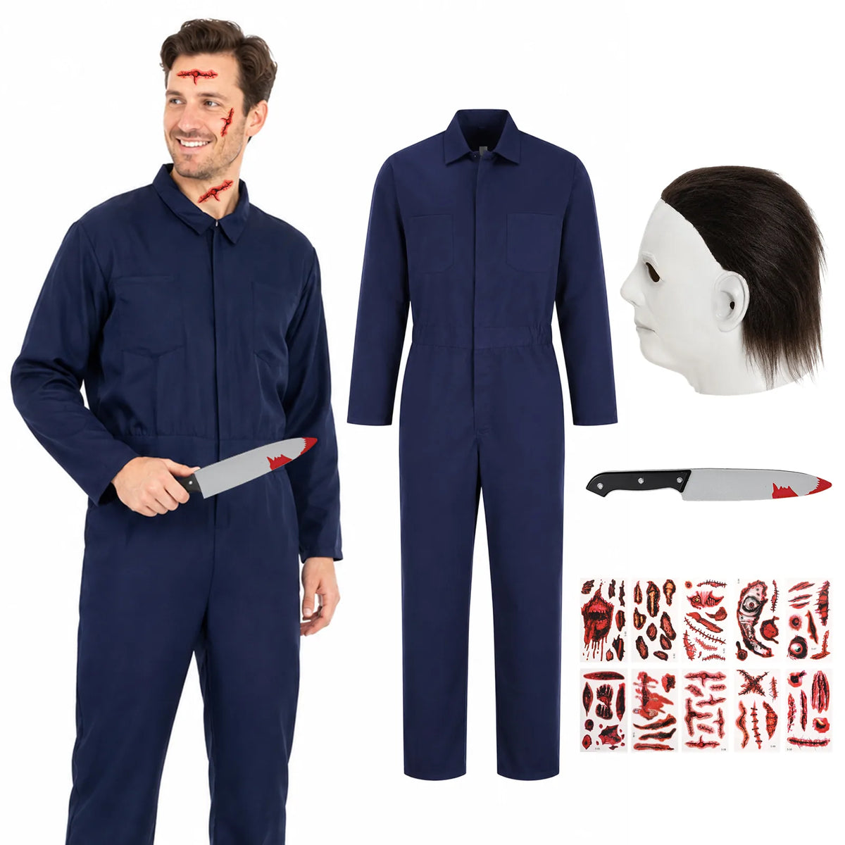 Adult Michael Myers-inspired costume set with navy coveralls and smooth white mask.