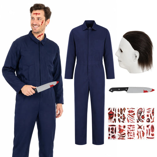 Adult Michael Myers-inspired costume set with navy coveralls and smooth white mask.