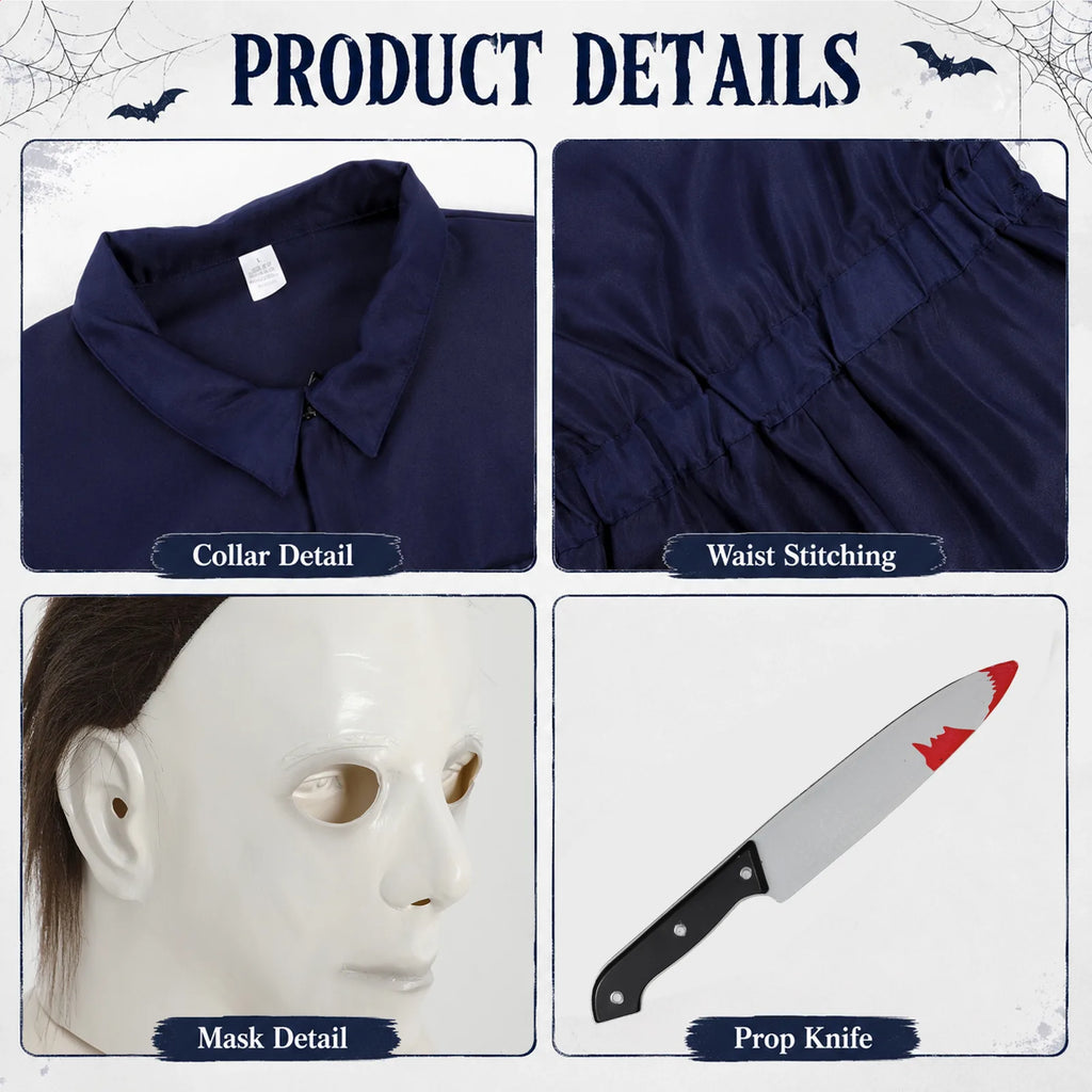 Close-up details of a Michael Myers-inspired smooth white mask and navy coveralls costume.