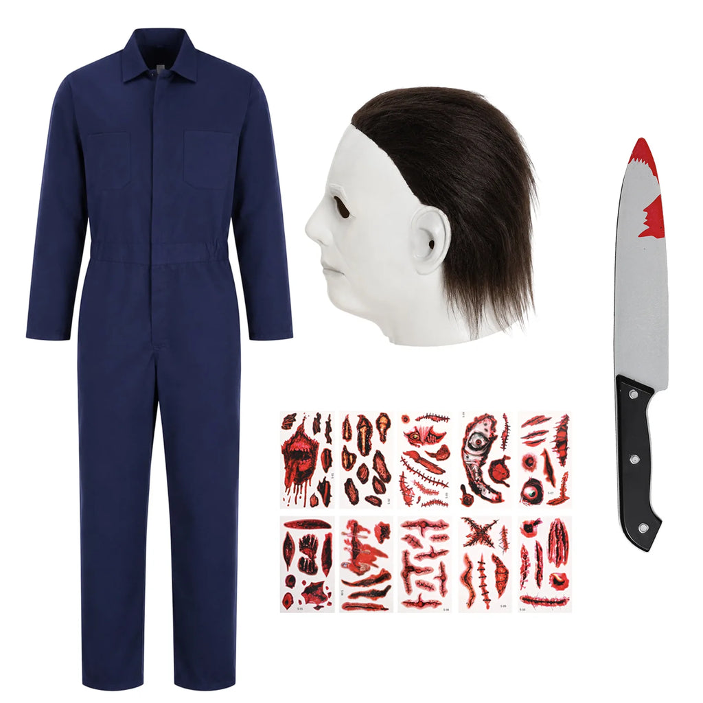 A Michael Myers-inspired smooth white mask is arranged beside navy coveralls, a costume knife and wound-effect stickers.