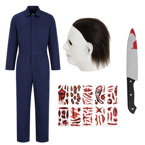 A Michael Myers-inspired smooth white mask is arranged beside navy coveralls, a costume knife and wound-effect stickers.