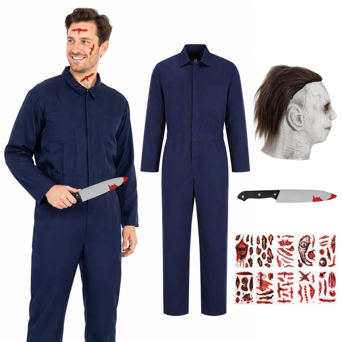 Adult Michael Myers-inspired costume set with navy coveralls and textured gray mask.