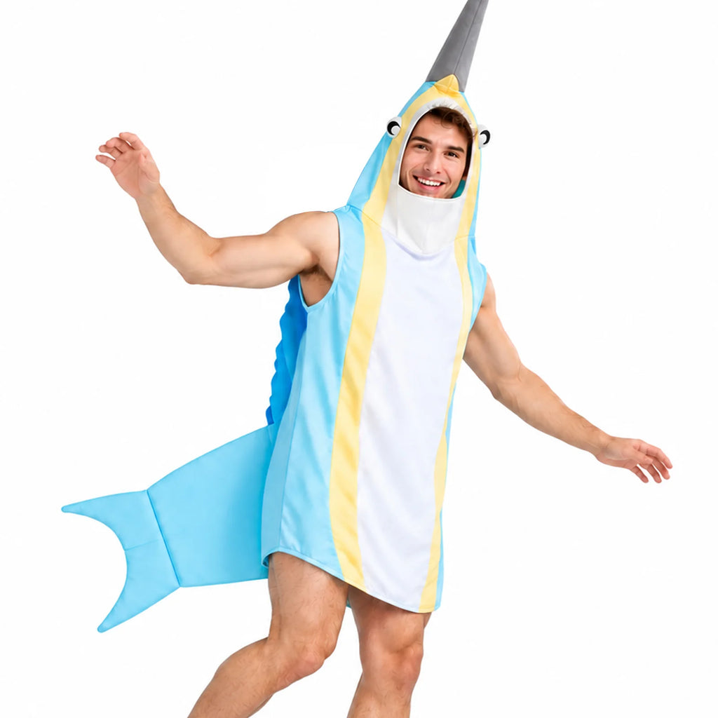 Front and back views of the adult narwhal costume tunic with horn, fins and tail.