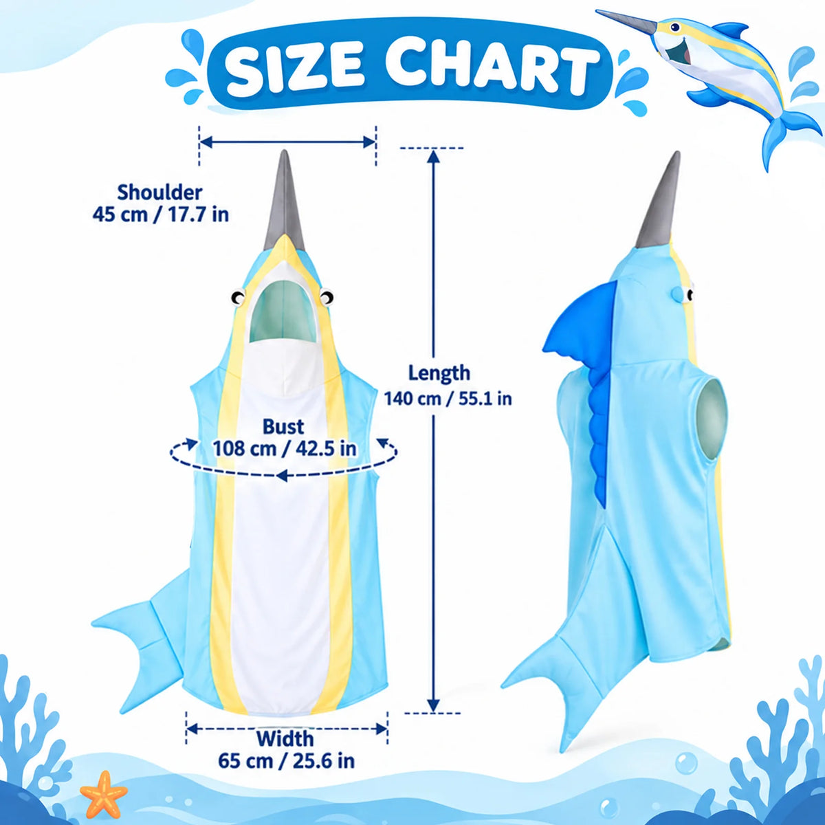 Measurement guide showing length, width, chest and shoulder dimensions for the adult narwhal costume.