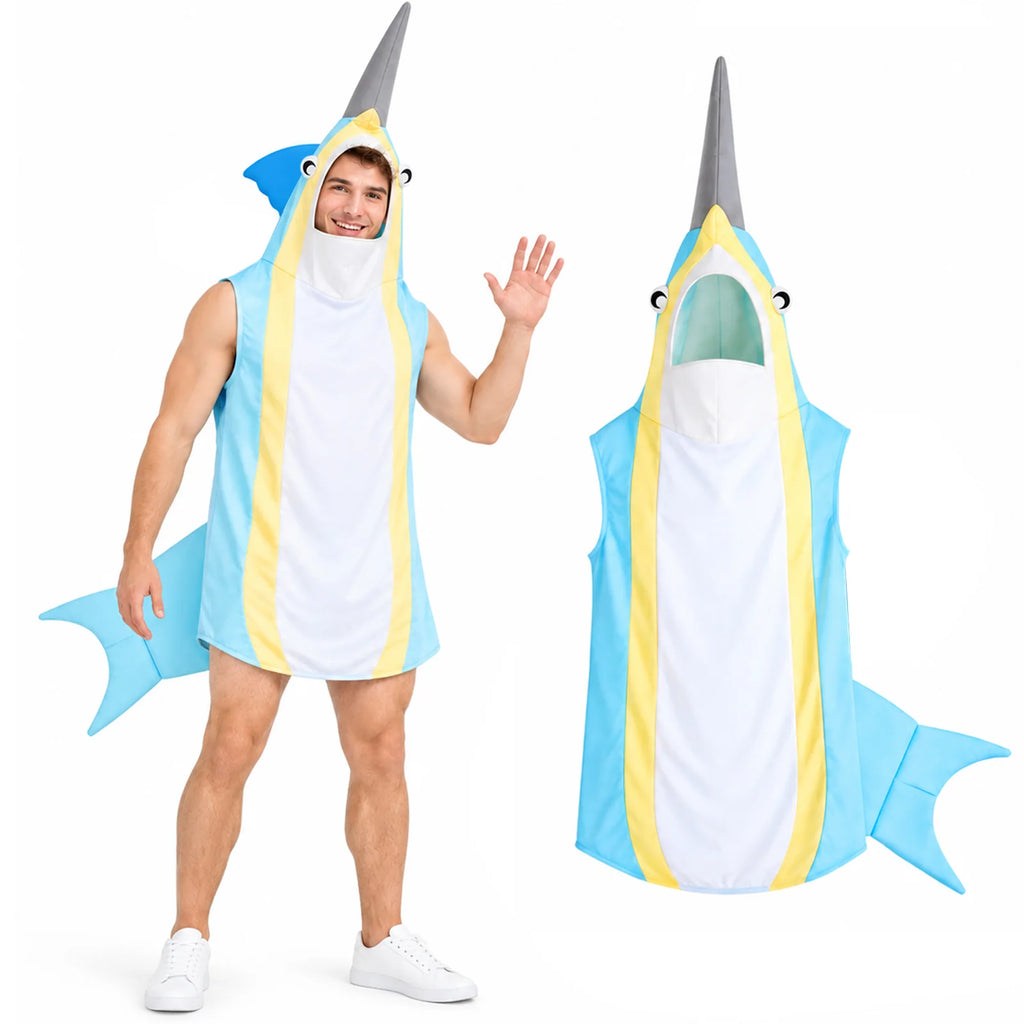 Adult wearing the blue, yellow and white narwhal costume tunic with a long gray horn and open face.