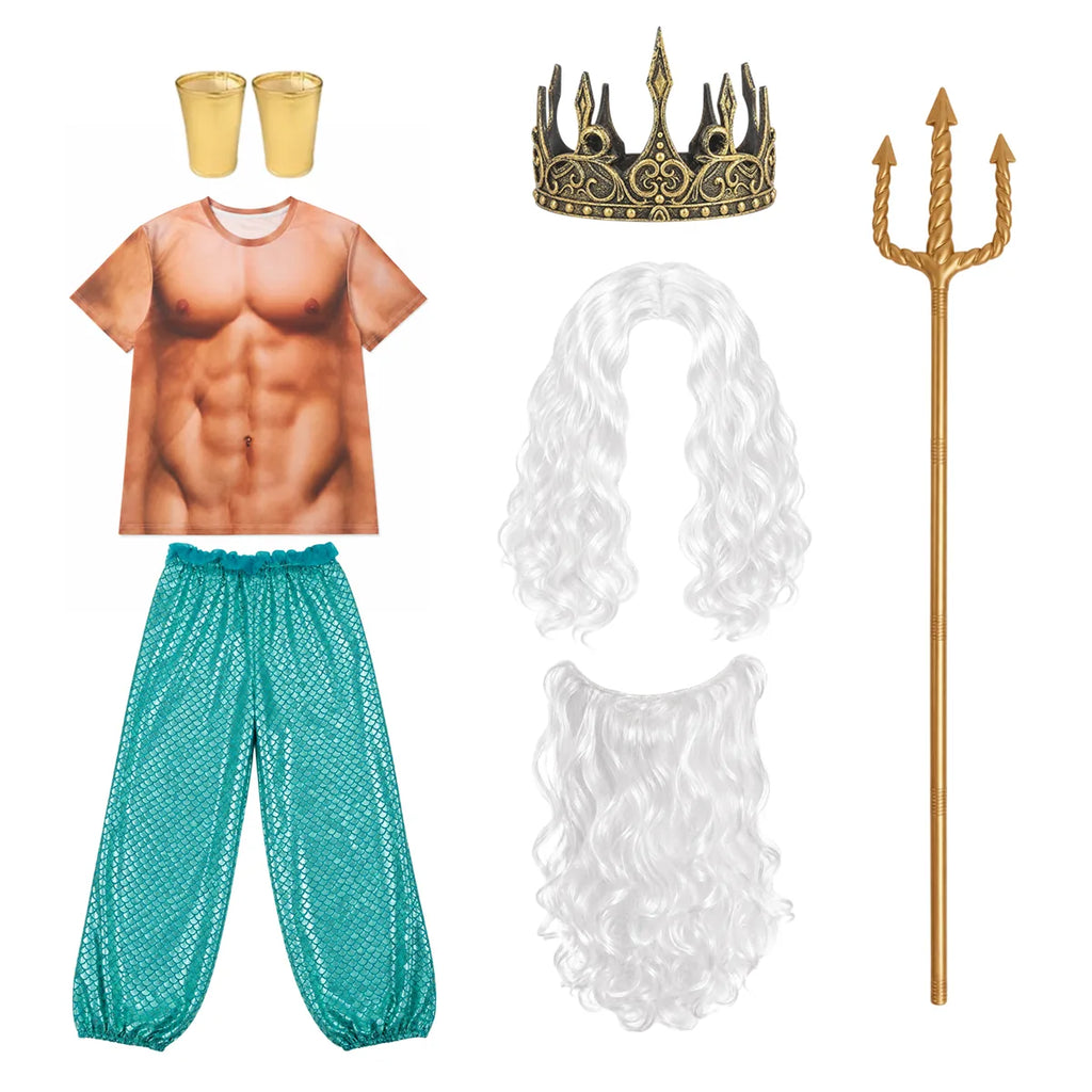 Ocean king costume shirt pants crown wig beard cuffs and trident accessories