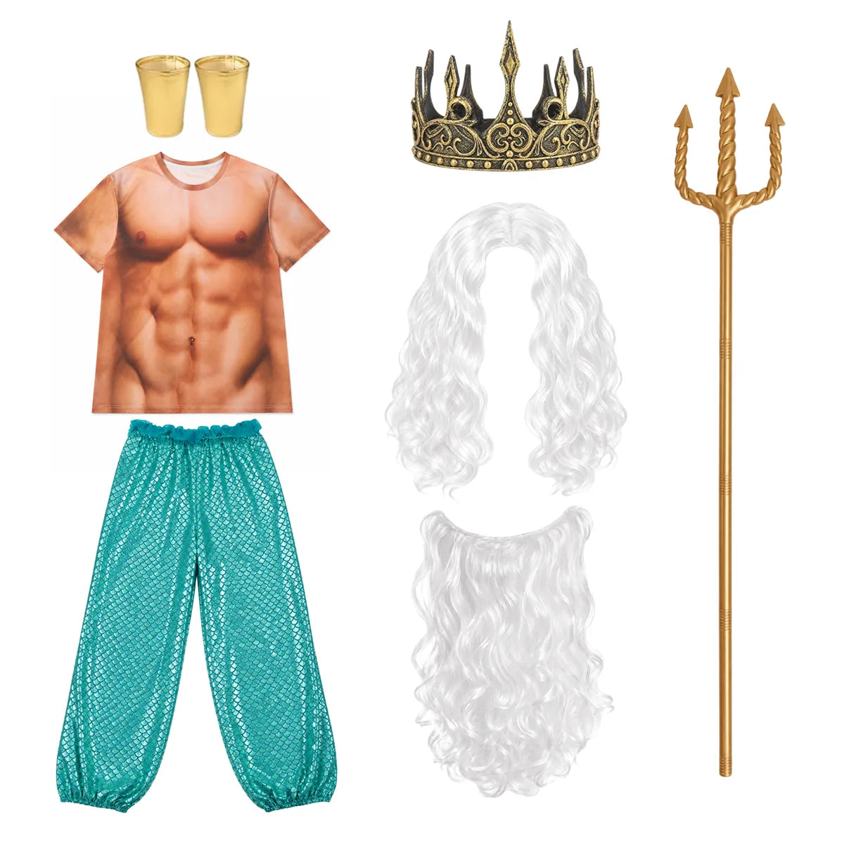 Ocean king costume shirt pants crown wig beard cuffs and trident accessories