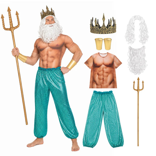 Adult ocean king costume pieces displayed with teal pants and gold accessories