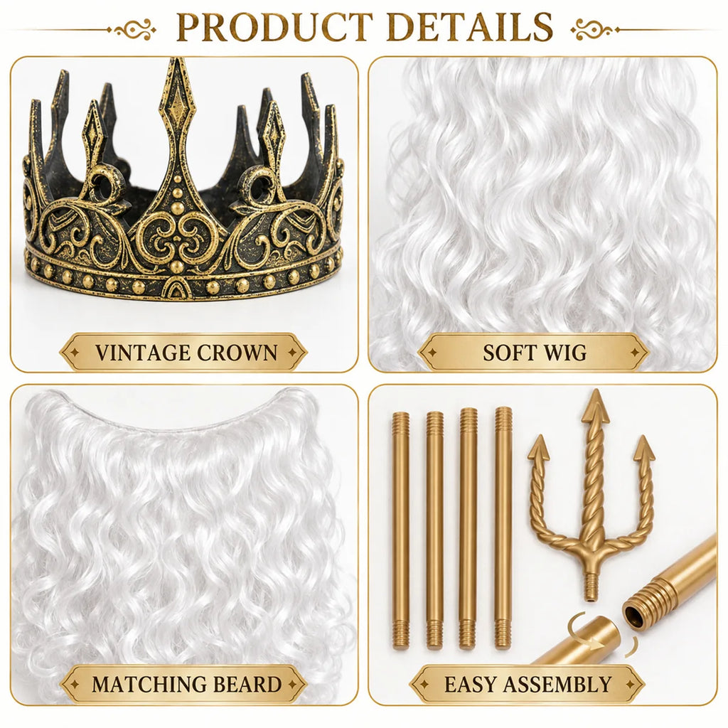 Gold crown white wig beard and assembly trident details