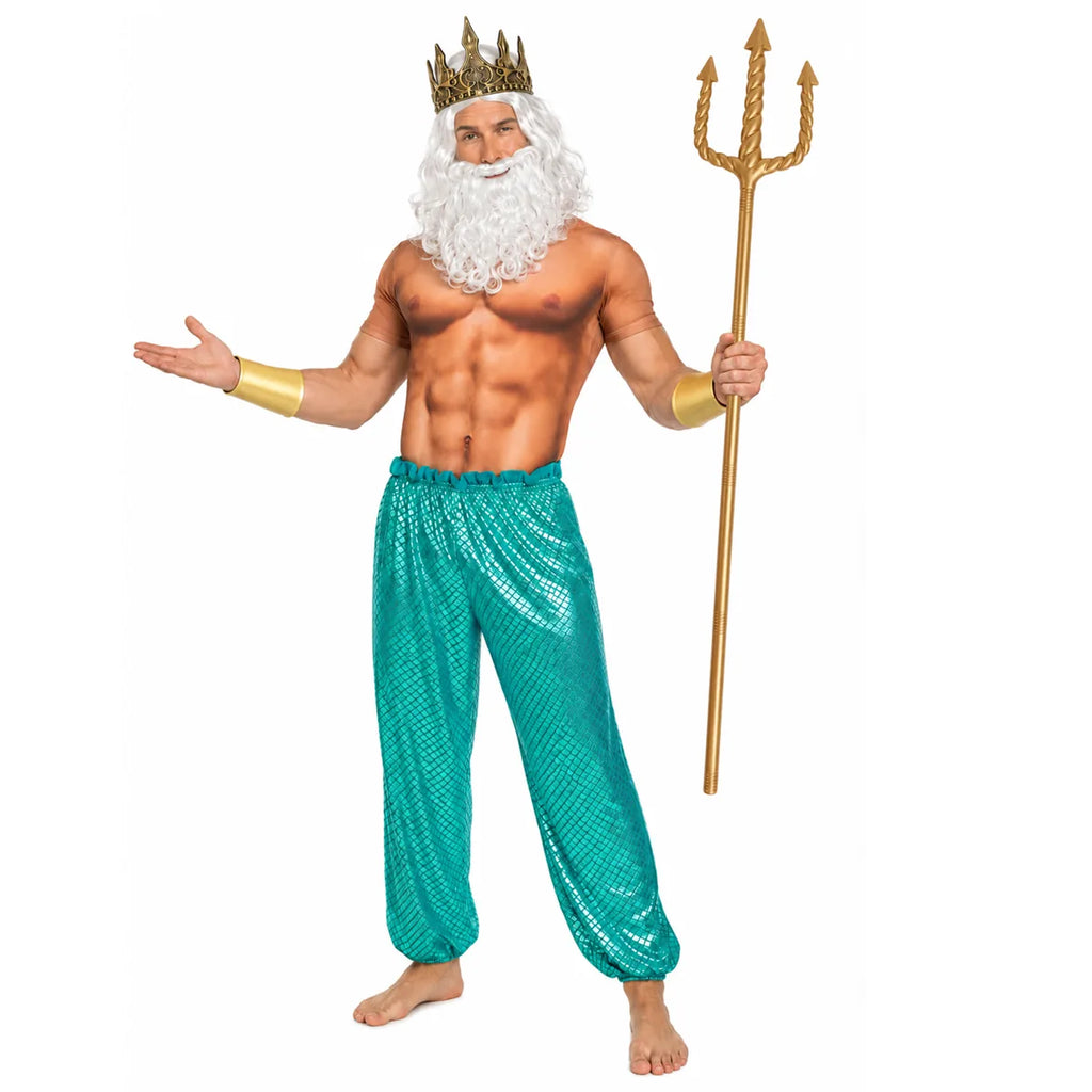 Man wearing adult ocean king costume and holding gold trident