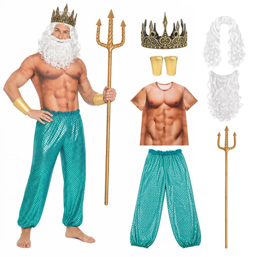 Adult ocean king costume with muscle-print shirt teal pants crown wig beard cuffs and trident